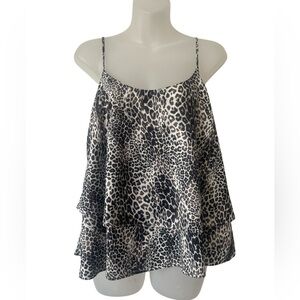 TART leopard print satin cami top M black grey cream glam flowy sexy date ruffle